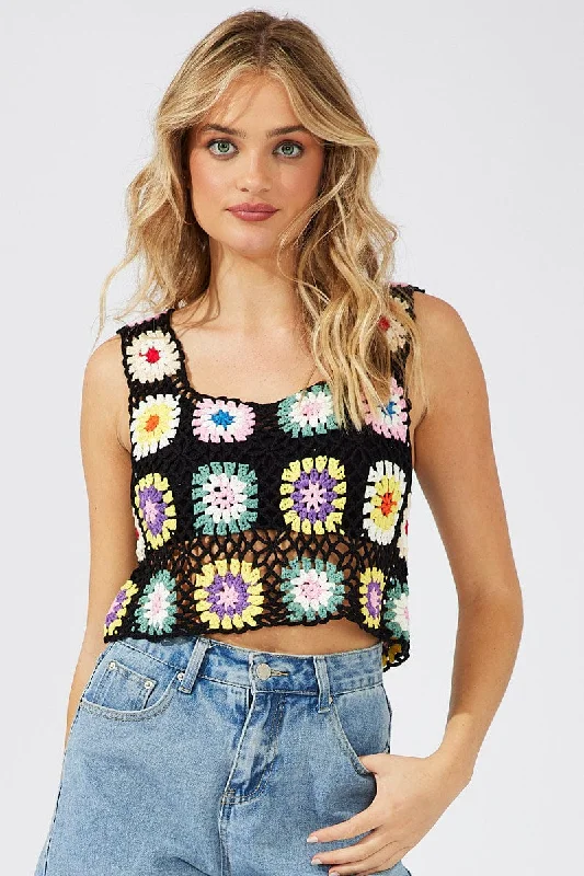 Black Floral Crochet Top Crop Square Neck