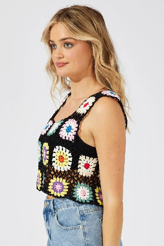 Black Floral Crochet Top Crop Square Neck