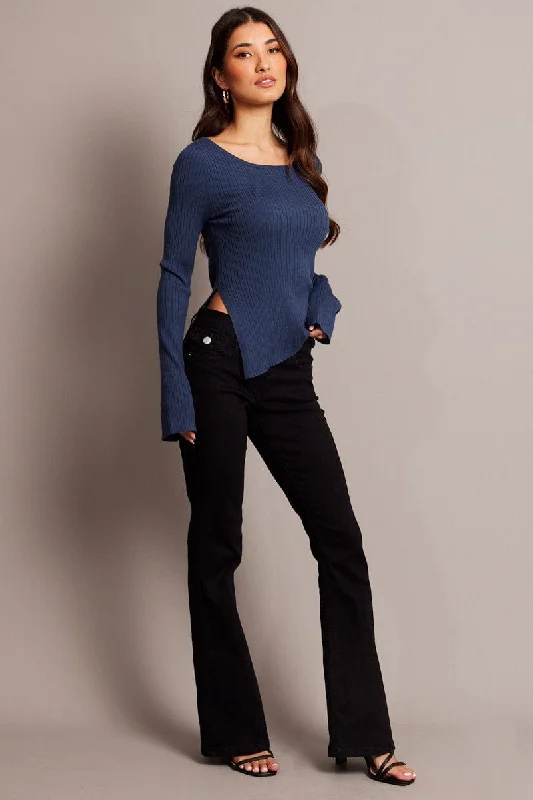 Blue Knit Top Boat Neck Long Sleeve