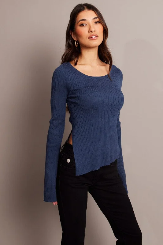 Blue Knit Top Boat Neck Long Sleeve