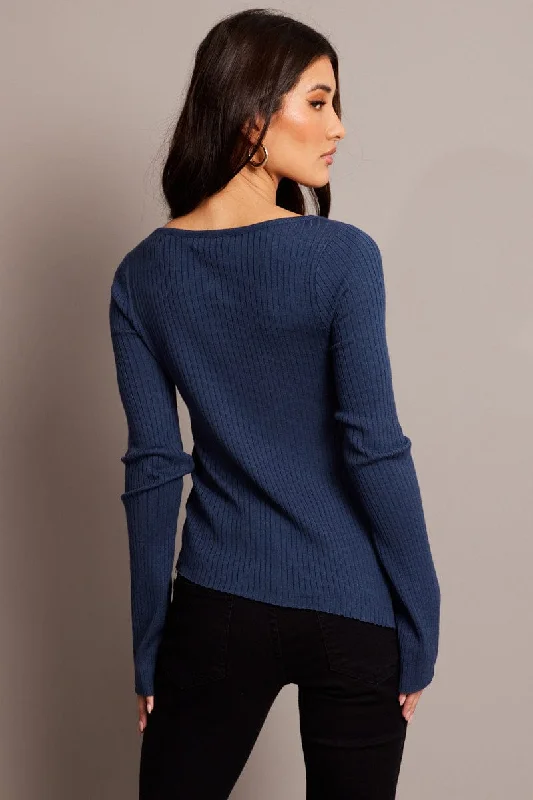 Blue Knit Top Boat Neck Long Sleeve