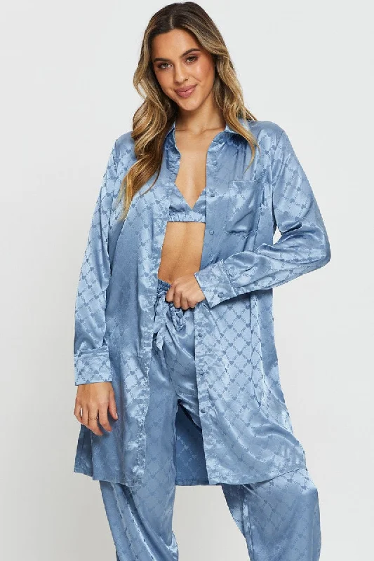 Blue Mix And Match Pyjama Shirt Satin