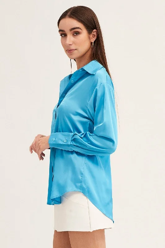 Blue Satin Shirt Long Sleeve Collared Longline