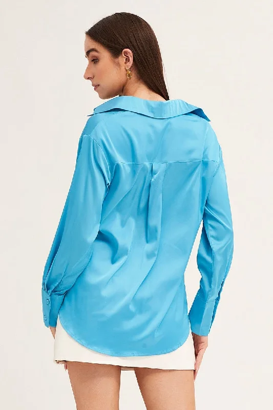 Blue Satin Shirt Long Sleeve Collared Longline