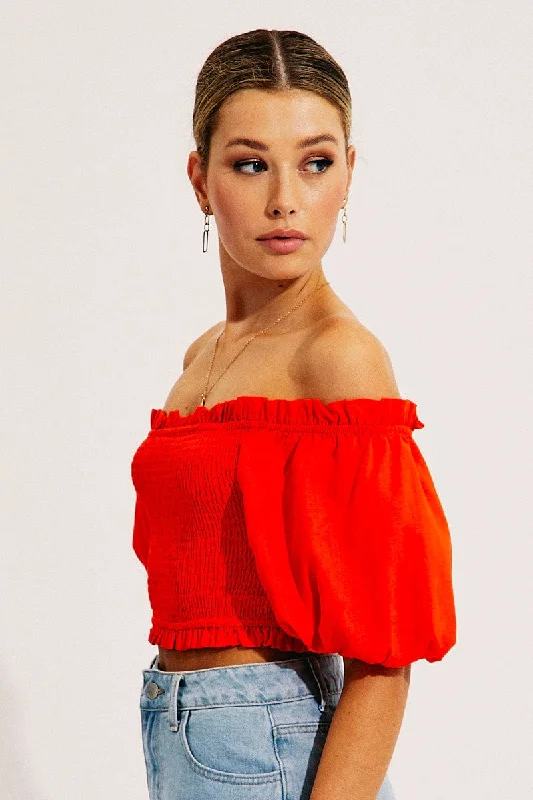 Orange Shirred Top Volume Short Sleeve Crop Linen Blend