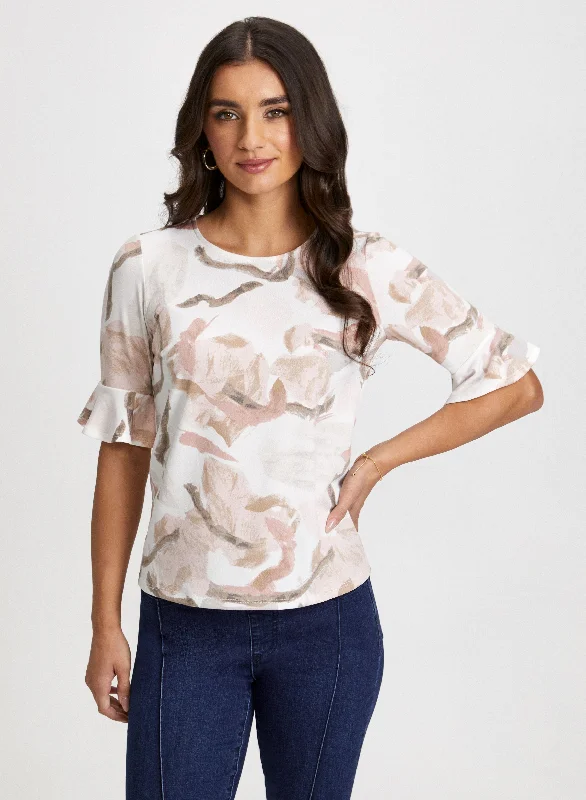 Ruffle Sleeve Abstract Print Top