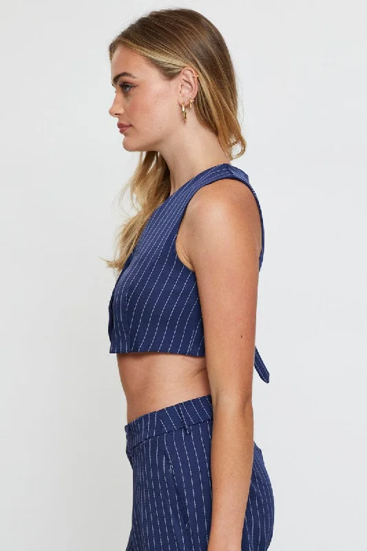 Stripe Crop Shirts Sleeveless Â  V-Neck