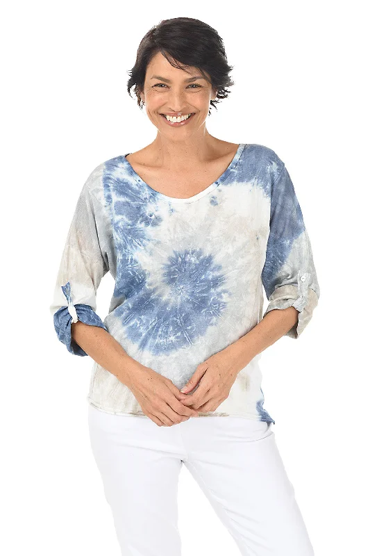 Chambray Tie-Dye Roll-Tab Linen Blouse