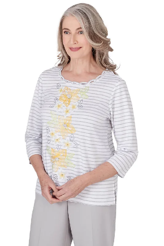 Petite Charleston Glitter Stripe Embroidered Flower Top