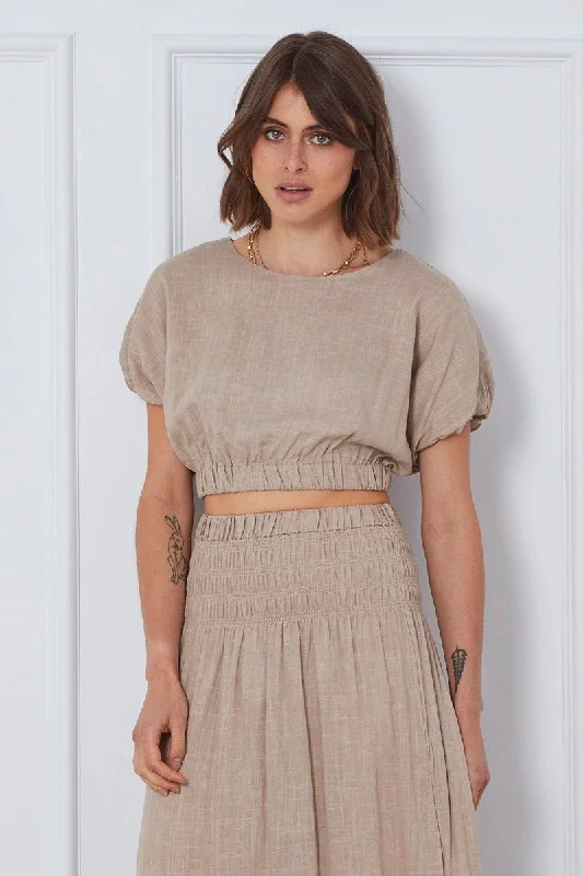 Beige Crop Top Short Sleeve Round Neck Linen