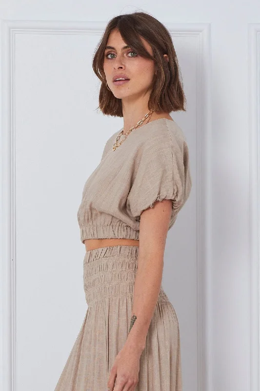 Beige Crop Top Short Sleeve Round Neck Linen