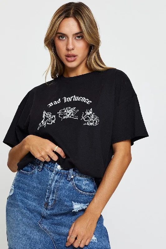 Black Graphic T Shirt Short Sleeve Crop