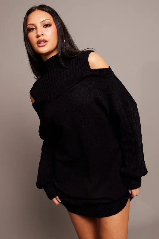 Black Knit Dress High Neck Jumper Mini