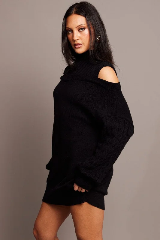 Black Knit Dress High Neck Jumper Mini