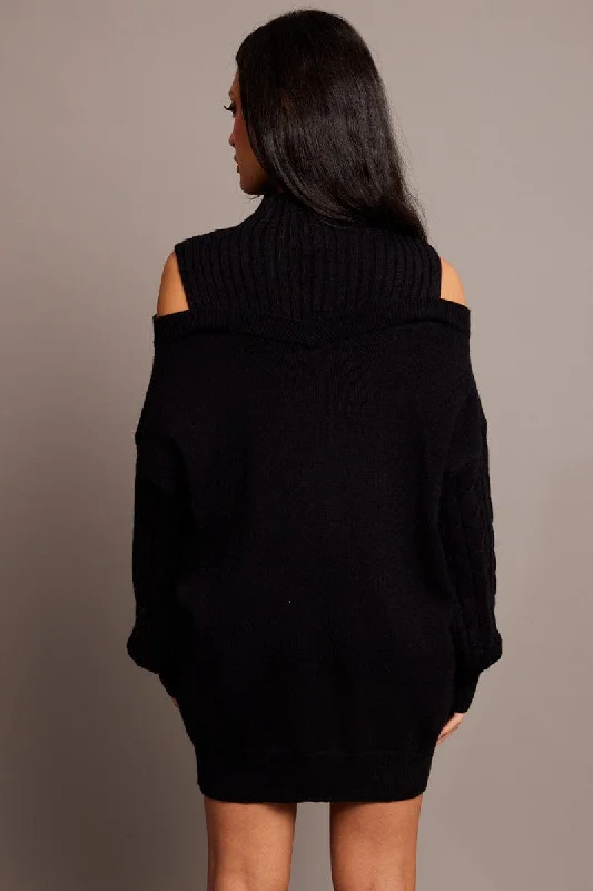 Black Knit Dress High Neck Jumper Mini