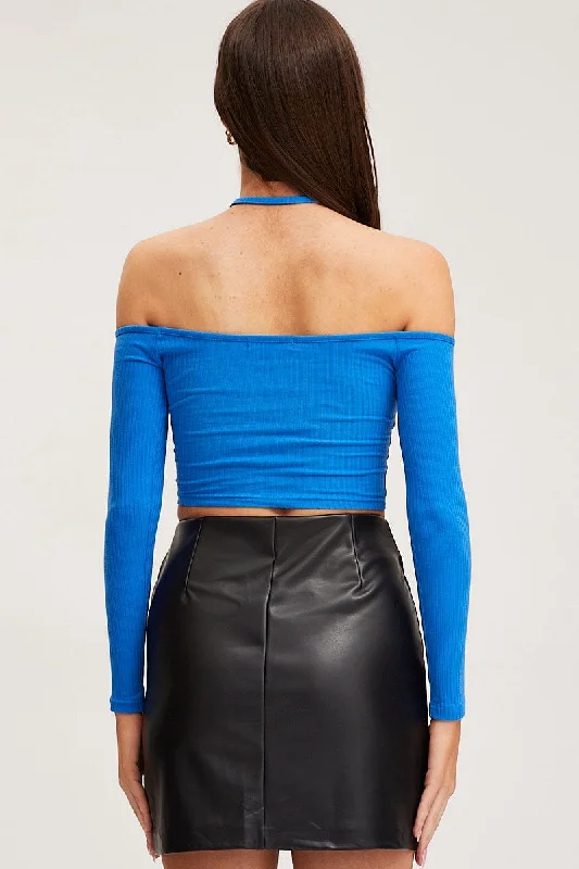 Blue Jersey Crop Top Long Sleeve Halter Neck