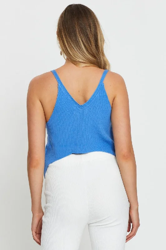 Blue Knit Top V-Neck