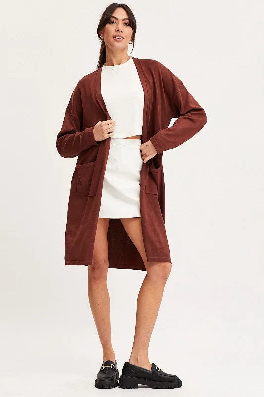 Brown Knit Cardigan Long Sleeve Relaxed Longline