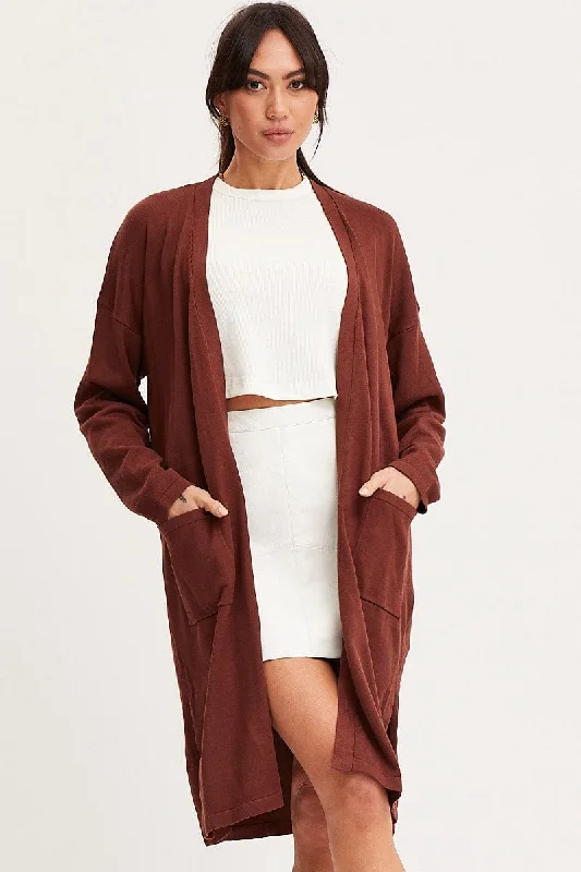 Brown Knit Cardigan Long Sleeve Relaxed Longline