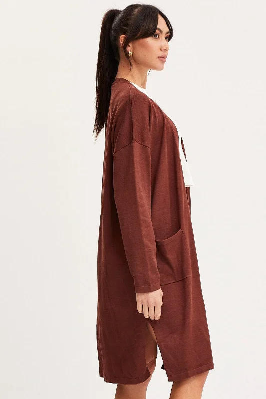 Brown Knit Cardigan Long Sleeve Relaxed Longline