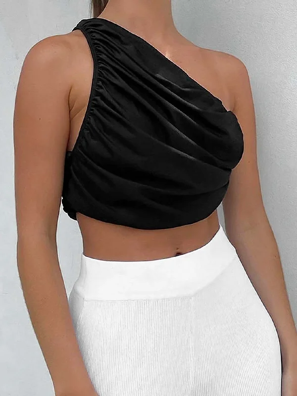 MegaBetty - Women One shoulder Sleeveless Crinkle Crop Top