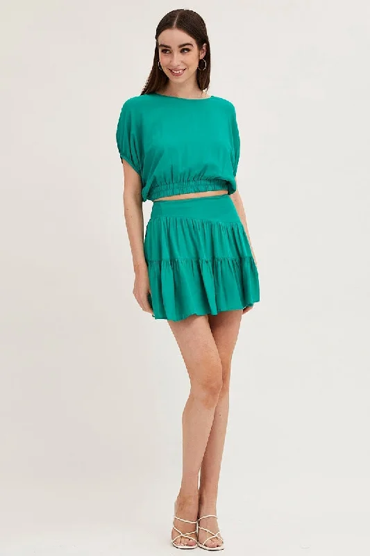 Green Crop Top Short Sleeve Elasticated Waist