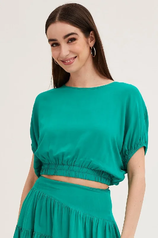 Green Crop Top Short Sleeve Elasticated Waist