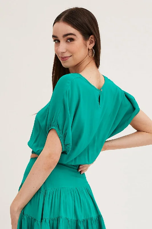 Green Crop Top Short Sleeve Elasticated Waist