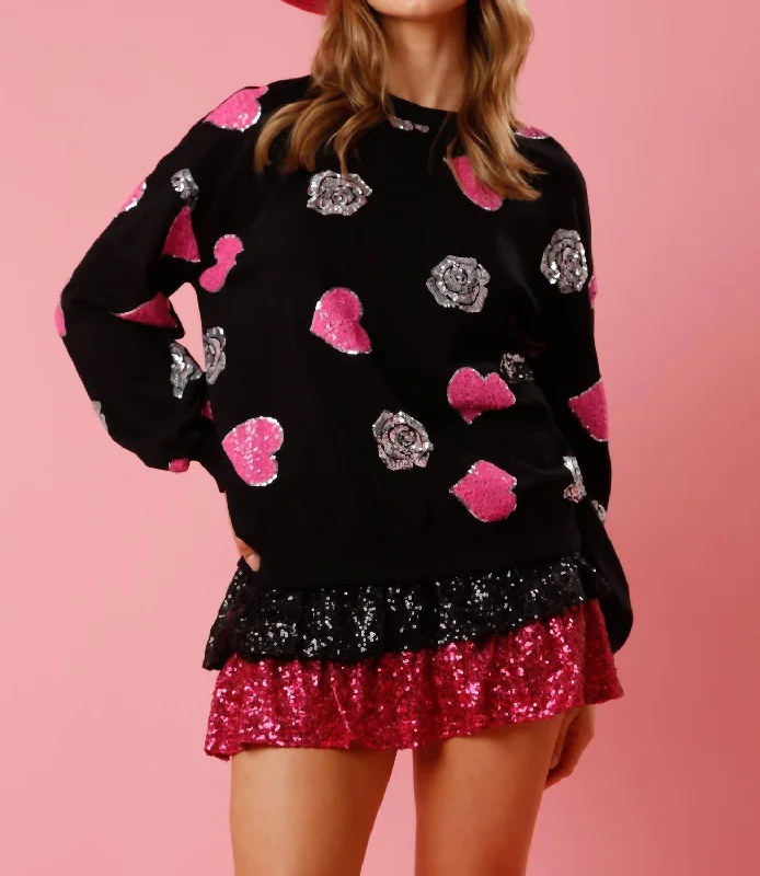 Heart And Rose Sequins Pull Over In Black