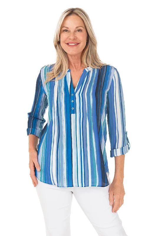 Petite Surf Stripe Pleated Triple Button Blouse