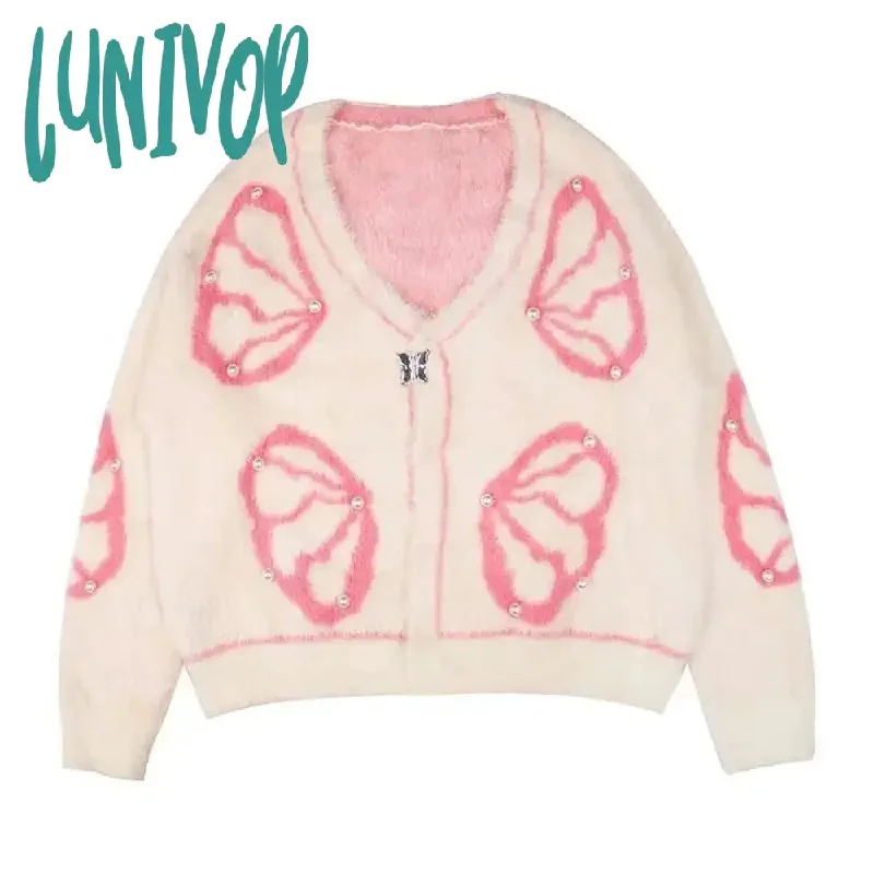 Lunivop Korean Fashion Graphic Knitted Cardigan Women Harajuku Kawaii Oversized Sweater Sweet Casual Y2K Tops Retro Streetwear