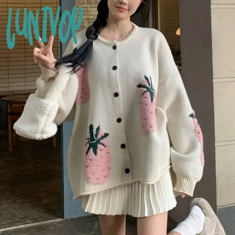 Lunivop Korean Loose Knitwear Cardigans Female Jacket O Neck Loose Women's Sweater Coat Long Sleeve Knit Outwear Sweater Cardigan Autumn