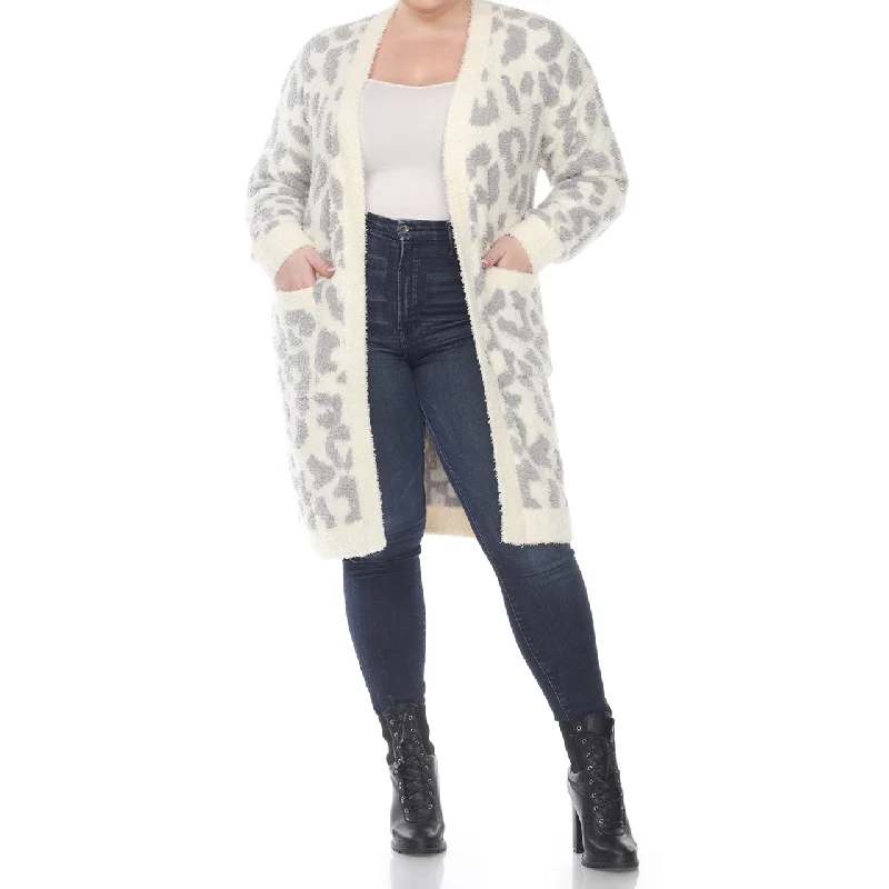 Plus Size Leopard Print Open Front Sherpa Cardigan