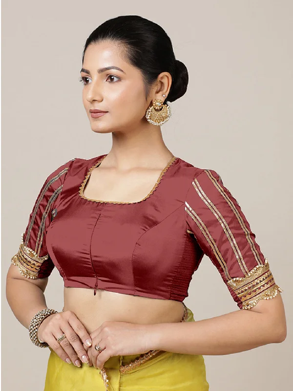 Aziza x Tyohaar | Elbow Sleeves Saree Blouse in Auburn Red