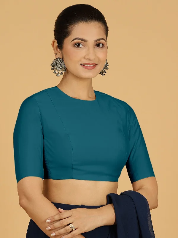 Amisha x Rozaana | Elbow Sleeves Saree Blouse in Crystal Teal