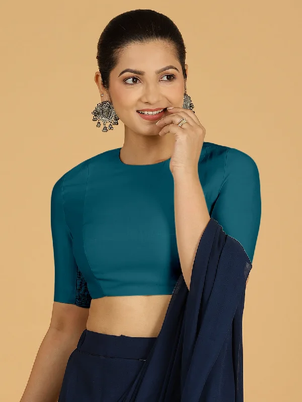 Amisha x Rozaana | Elbow Sleeves Saree Blouse in Crystal Teal