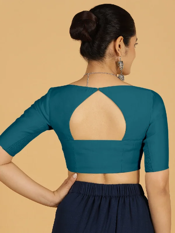 Priya x Rozaana | Elbow Sleeves Saree Blouse in Crystal Teal