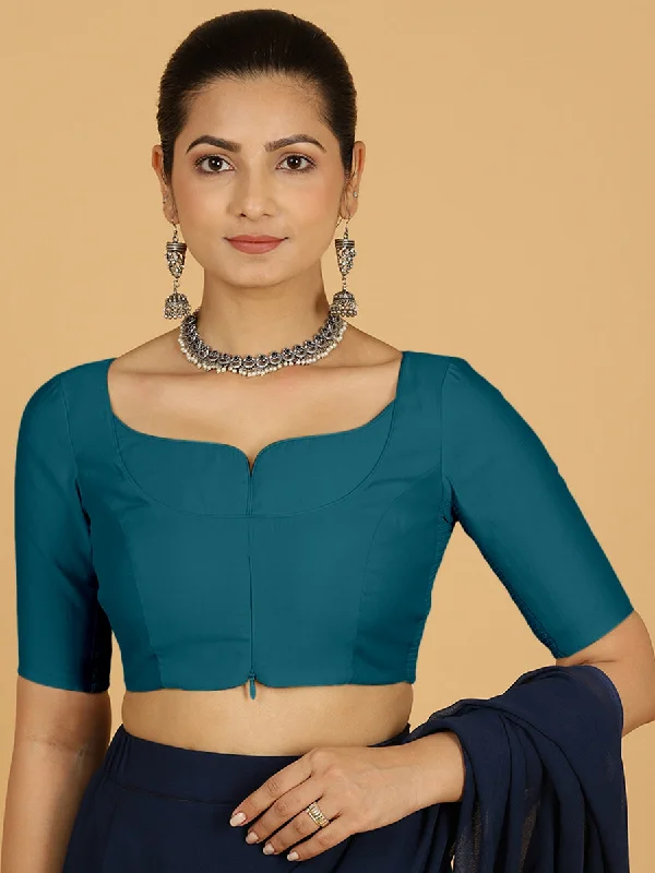 Priya x Rozaana | Elbow Sleeves Saree Blouse in Crystal Teal