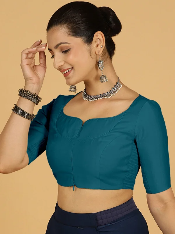 Priya x Rozaana | Elbow Sleeves Saree Blouse in Crystal Teal