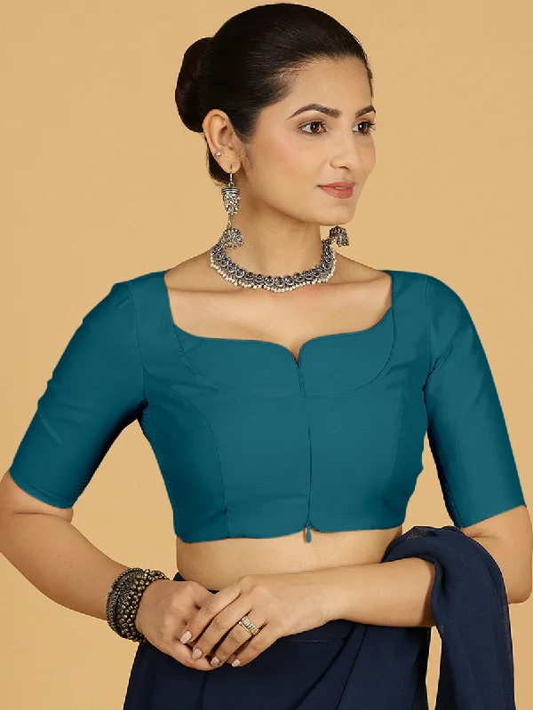 Priya x Rozaana | Elbow Sleeves Saree Blouse in Crystal Teal