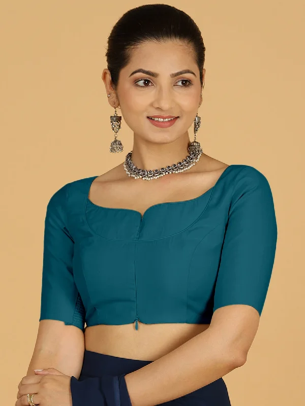 Priya x Rozaana | Elbow Sleeves Saree Blouse in Crystal Teal