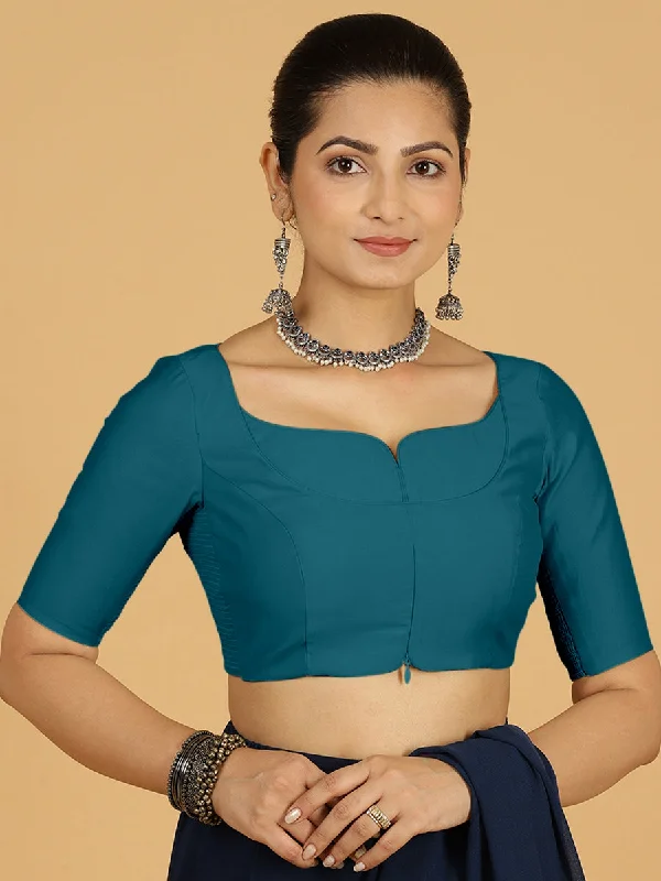 Priya x Rozaana | Elbow Sleeves Saree Blouse in Crystal Teal