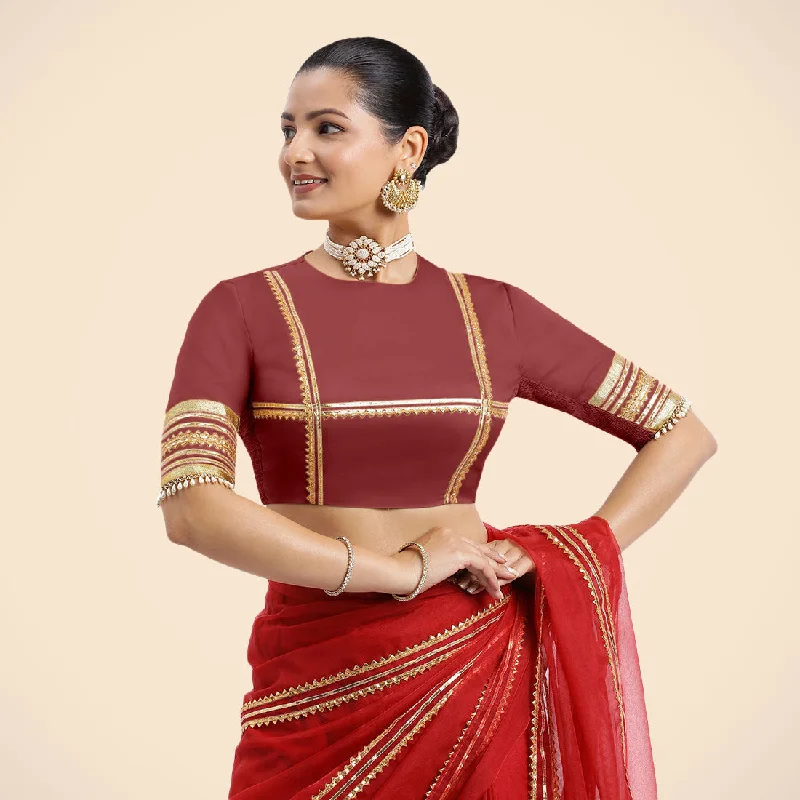 Farheen x Tyohaar | Auburn Red Embellished Elbow Sleeves FlexiFit™ Saree Blouse with Zero Neck with Back Cut-Out and Golden Gota Embellishment