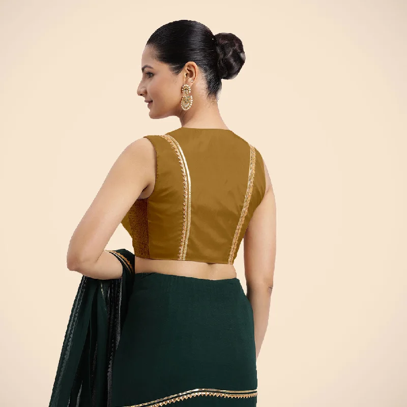 Veena x Tyohaar | Bronze Gold Sleeveless FlexiFit™ Saree Blouse with Front Open Closed Neckline with Slit and Golden Gota Lace