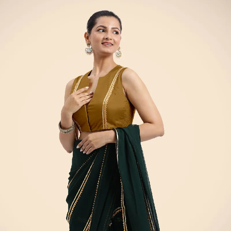 Veena x Tyohaar | Bronze Gold Sleeveless FlexiFit™ Saree Blouse with Front Open Closed Neckline with Slit and Golden Gota Lace