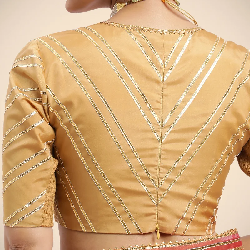 Navya x Tyohaar | Gold Elbow Sleeves FlexiFit™ Saree Blouse with Plunging V Neckline with Tasteful Golden Gota Lace