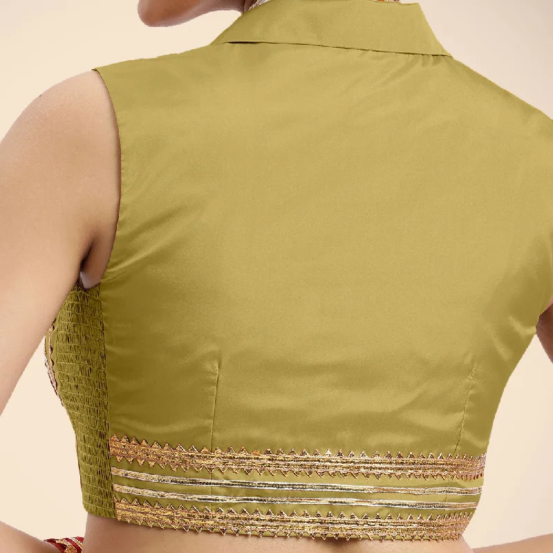 Avni x Tyohaar | Lemon Yellow Sleeveless FlexiFit™ Saree Blouse with Elegant Shawl Collar with Golden Gota Lace Embellishment