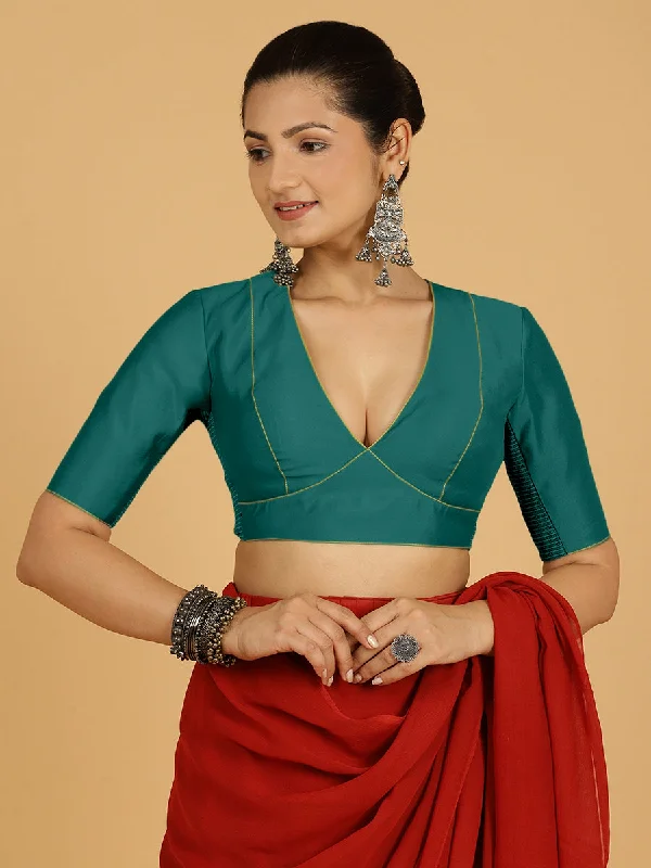 Ghazal x Rozaana | Elbow Sleeves Saree Blouse in Peacock Green