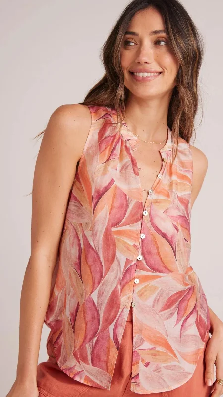 Sleeveless Shirred Shoulder Blouse - Painted Leaves