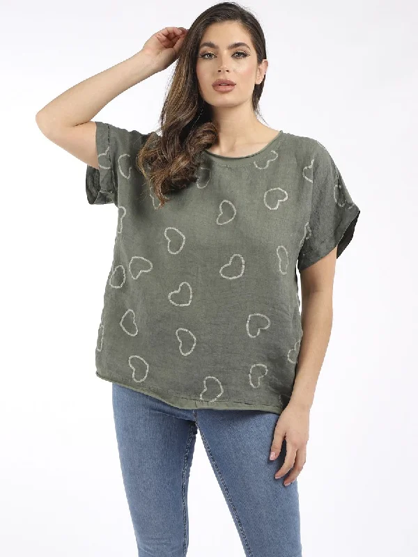 Abs Italian Glittery Heart Print Dipped Hem Linen Fancy Lagenlook Top 14 to 16